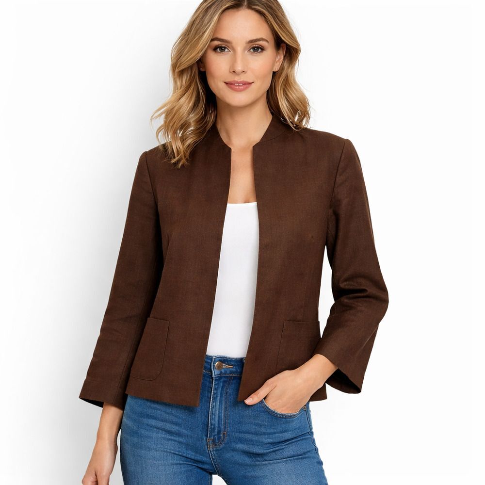 Lands' End Women's Brown Open-Front Mandarin Collar Jacket